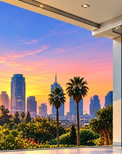 Los Angeles skyline seen from a room with a glossy epoxy floor
