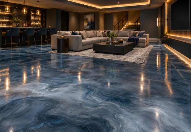 Basement lounge with a deep blue metallic marble epoxy floor