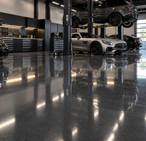Auto showroom service area with a dark charcoal high-gloss epoxy floor