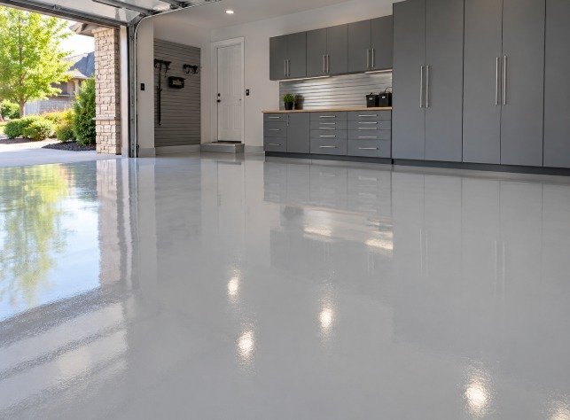 Garage with a glossy light gray solid color epoxy floor and gray cabinets