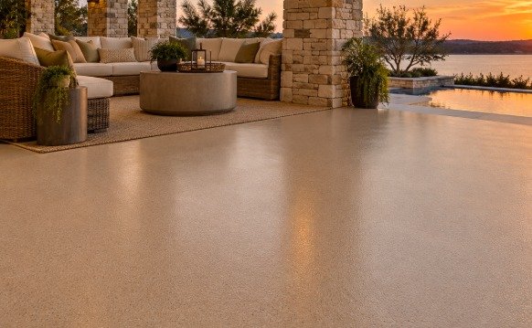 Covered patio with a warm tan epoxy floor at sunset