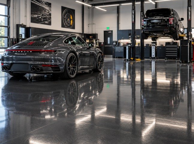 Auto service center with a glossy dark epoxy floor, sports car and vehicle lifts