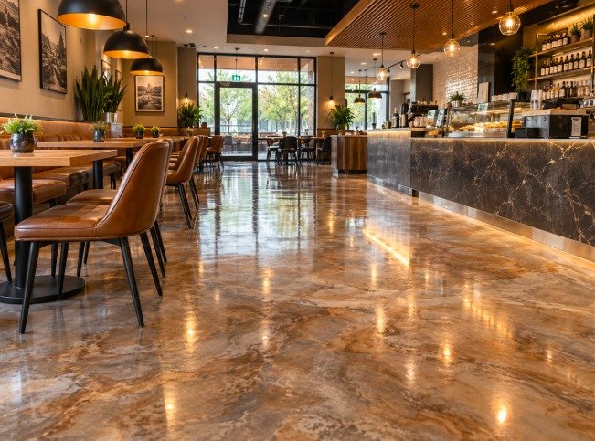 Restaurant dining room with a glossy bronze marble-look epoxy floor