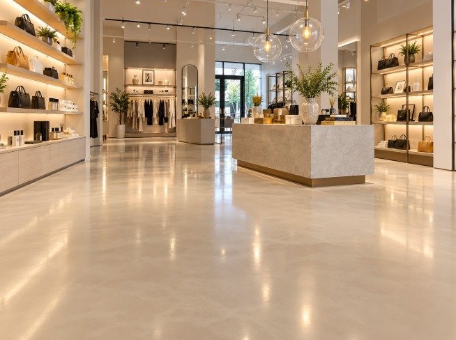 Boutique retail store with a seamless light cream epoxy floor