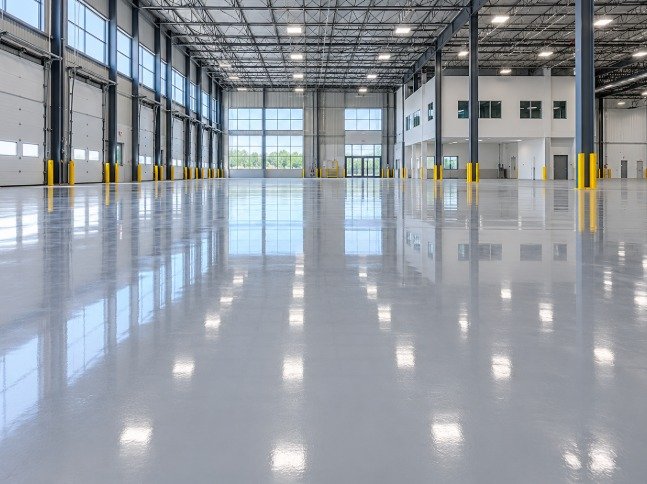 Large warehouse with a reflective light gray epoxy floor and yellow safety posts