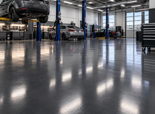Auto service center with a glossy dark gray concrete floor coating and lifts