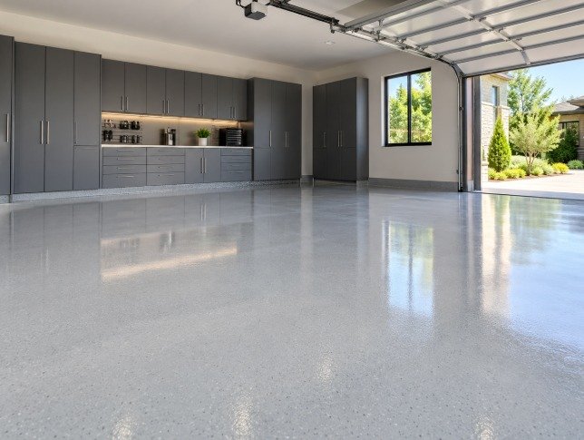 Residential garage with a light gray concrete floor coating and gray cabinets