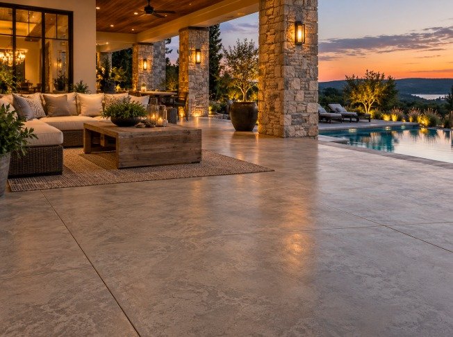 Covered patio and pool deck with sealed stone-look concrete at sunset