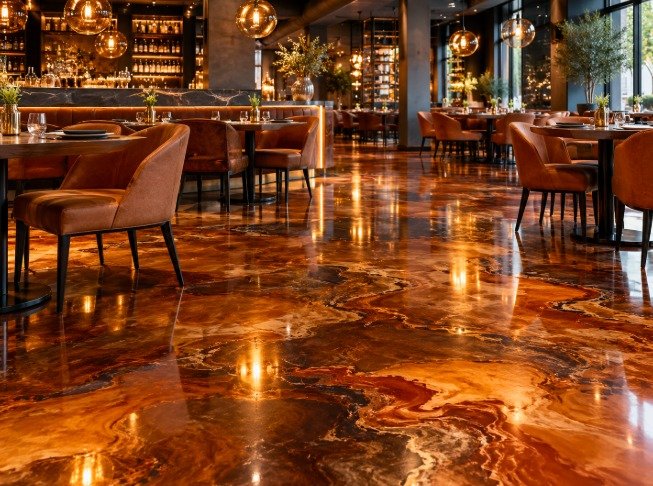 Restaurant with a copper, amber and cream multi-color marble epoxy floor