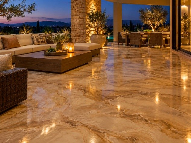 Covered patio with a glossy beige and bronze marble-look epoxy floor at dusk
