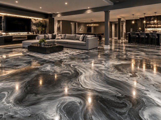 Basement lounge with a black, silver and white swirl metallic epoxy floor