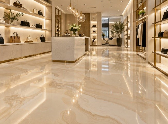 Luxury boutique with a cream and gold marble-look epoxy floor