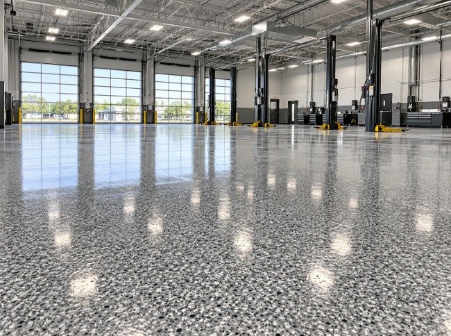 Auto service center with a glossy gray flake epoxy floor and vehicle lifts
