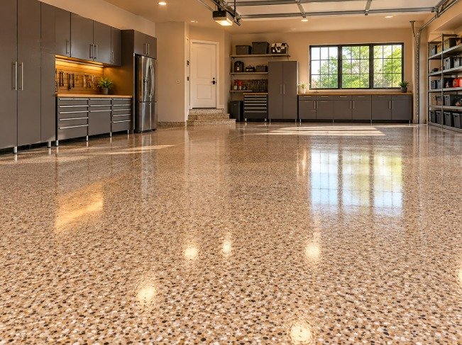 Two-car garage with a tan, brown and cream full broadcast flake epoxy floor