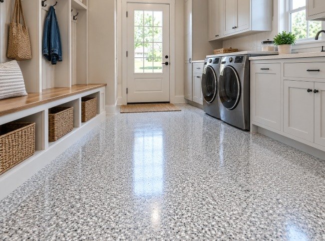 Laundry room and mudroom with a gray, black and white flake epoxy floor