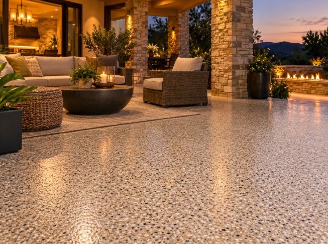 Covered patio with a warm tan flake epoxy floor at dusk
