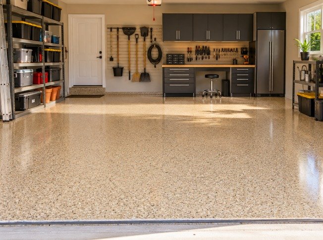 Garage with a tan decorative flake epoxy floor, workbench and wall storage