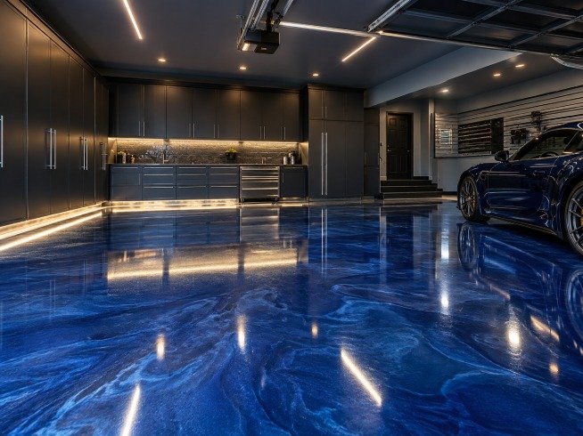 Luxury garage with a deep blue metallic epoxy floor and a sports car