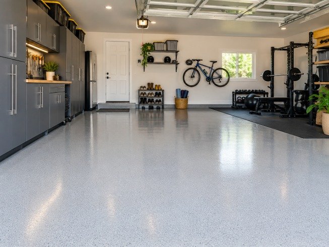 Residential garage with a light gray flake epoxy floor, storage cabinets and home gym