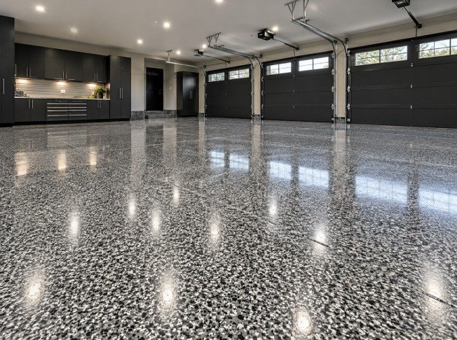 Large three-car garage with a glossy black, white and gray flake epoxy floor