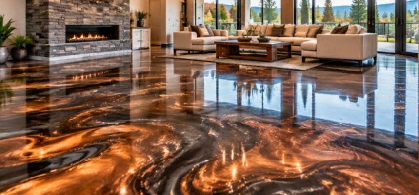 Living room with a copper, bronze and black metallic epoxy floor
