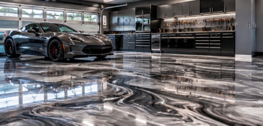 Luxury garage with a black, silver and white swirl metallic epoxy floor and a sports car