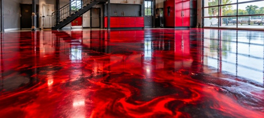 Garage with a red and black lava-look metallic epoxy floor and red cabinets