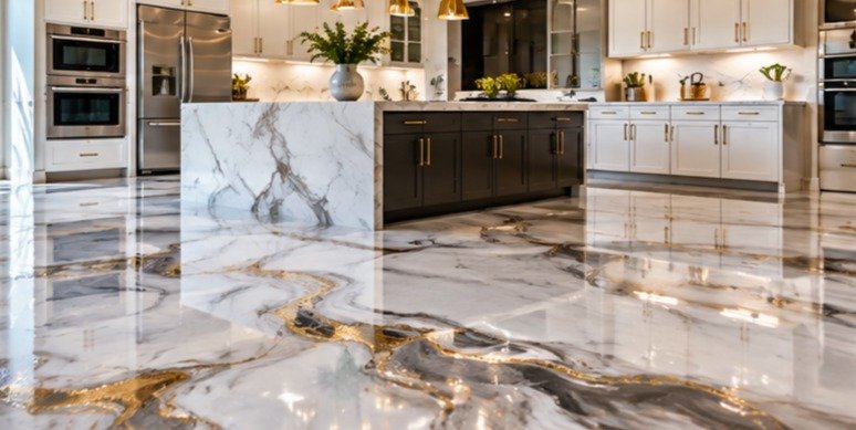 Kitchen with a white, gray and gold marble-look metallic epoxy floor