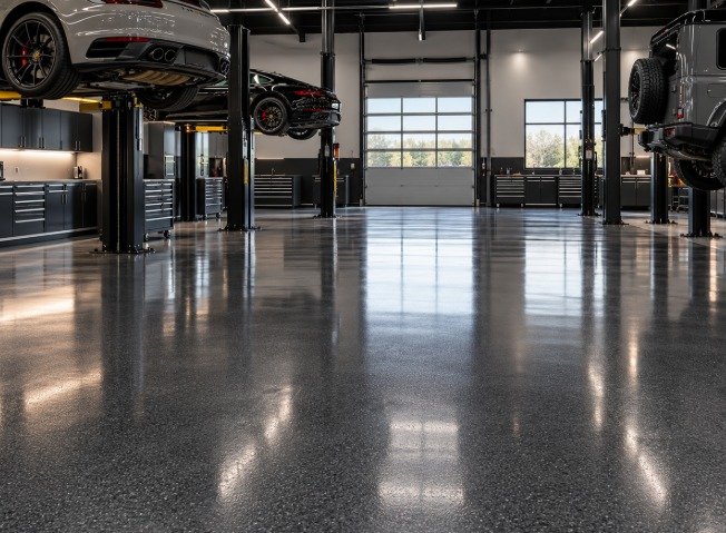 Auto service center with a dark gray polyaspartic floor and vehicle lifts