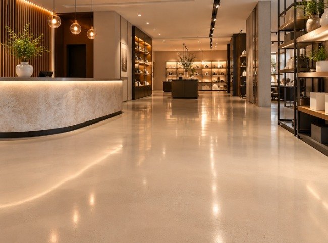 Boutique showroom with a light polyaspartic floor coating