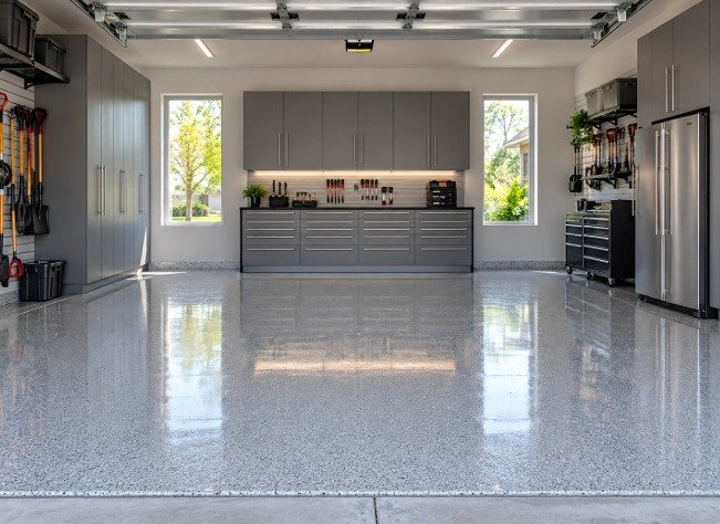 Two-car garage with a light gray polyaspartic flake floor and gray cabinets