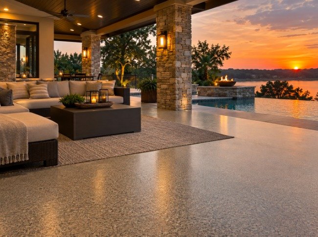 Covered patio with a UV-stable polyaspartic flake floor overlooking a pool at sunset