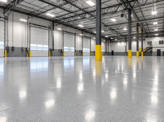 Warehouse with a glossy gray polyaspartic floor and yellow columns