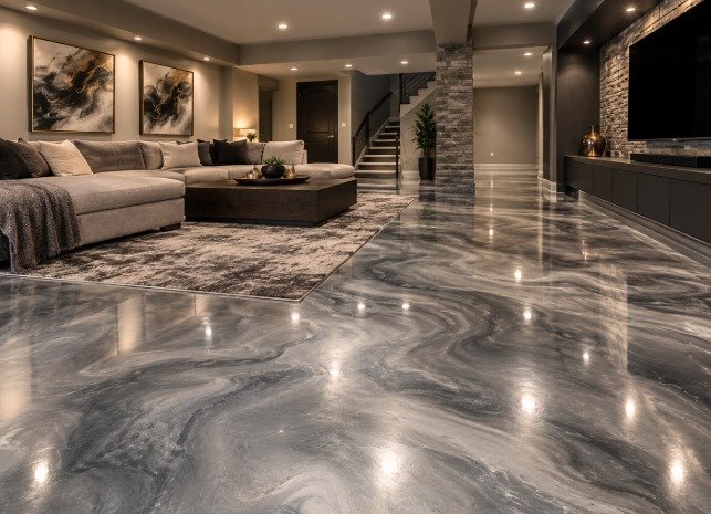 Finished basement with a gray and white marble-look metallic epoxy floor