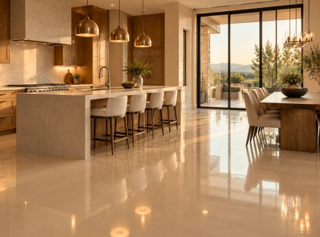 Modern kitchen and dining area with a seamless cream epoxy floor
