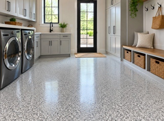 Laundry room and mudroom with a gray flake epoxy floor