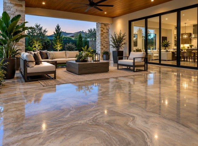 Covered patio with a glossy stone-look epoxy floor and outdoor seating