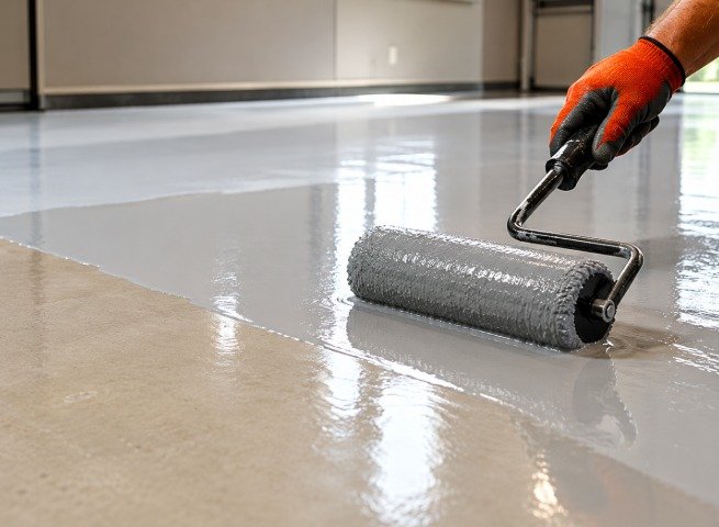 Worker rolling a gray epoxy coating over bare concrete