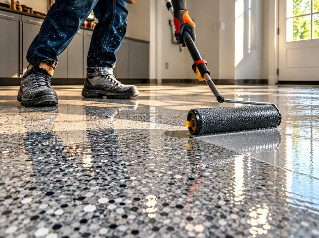 Worker rolling epoxy over a new flake epoxy floor