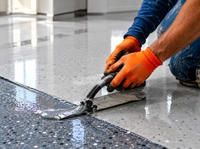 Worker with a trowel preparing and patching an existing floor