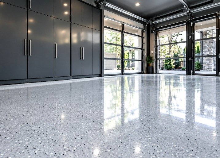 Refinished high-gloss flake epoxy floor in a modern garage