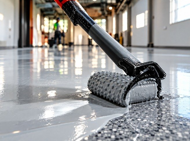 Textured roller spreading gray epoxy during a floor repair