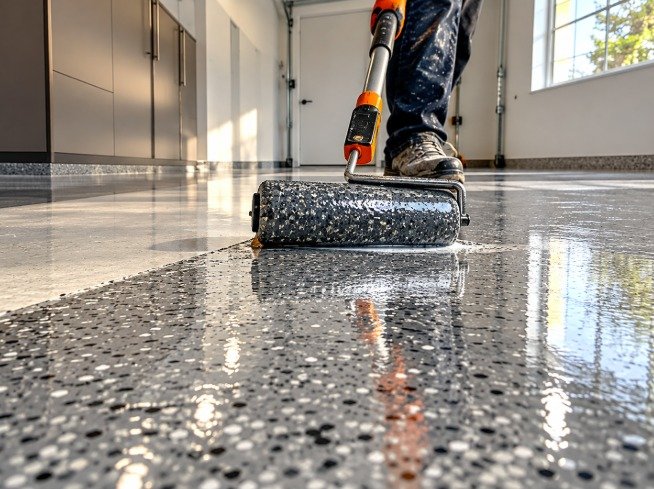 Roller applying a fresh epoxy coat over a replaced garage floor