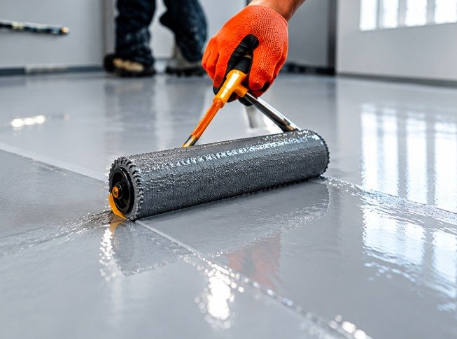 Gloved hand rolling gray epoxy to restore a commercial floor