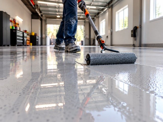 Worker resurfacing a shop floor with a new glossy epoxy coat