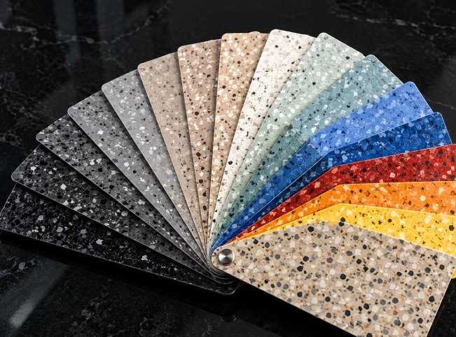 Fan of epoxy flooring color and flake finish samples