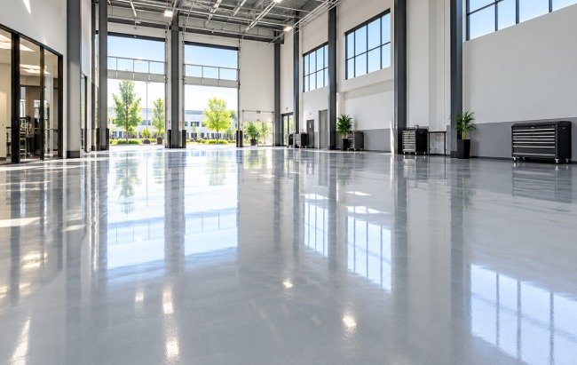 Glossy gray concrete floor coating in a large commercial space