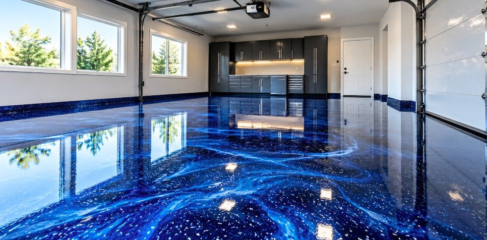 Garage with a decorative deep blue swirl epoxy floor