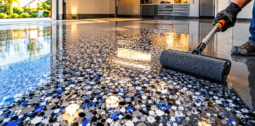 Worker rolling a clear coat over a blue and gray flake epoxy floor