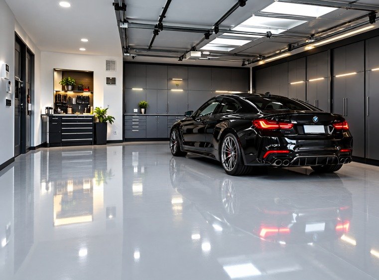 Glossy gray garage epoxy floor with a black sports car